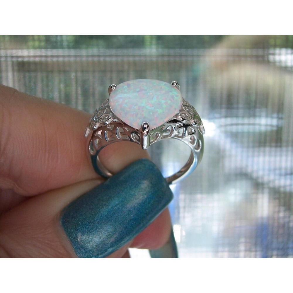925 STERLING SILVER Lab Created White Fire Opal & CZ Ring - Picture 7 of 16